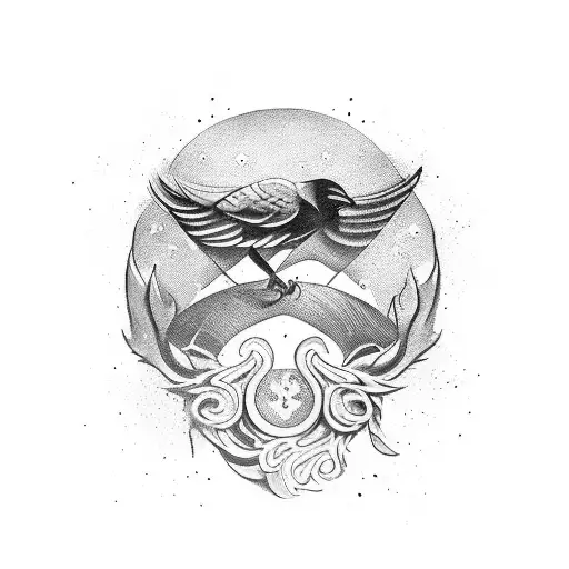 crow sprending wing with ancient greek ornement tattoo design idea
