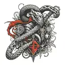 A snake on a tree with a dagger is a warlike Viking in armor with an axe in the style of a thrash pole tattoo design idea