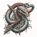 A snake on a tree with a dagger is a warlike Viking in armor with an axe in the style of a thrash pole tattoo design idea