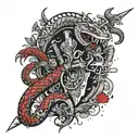 A snake on a tree with a dagger is a warlike Viking in armor with an axe in the style of a thrash pole tattoo design idea