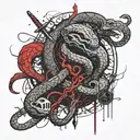 A snake on a tree with a dagger is a warlike Viking in armor with an axe in the style of a thrash pole tattoo design idea