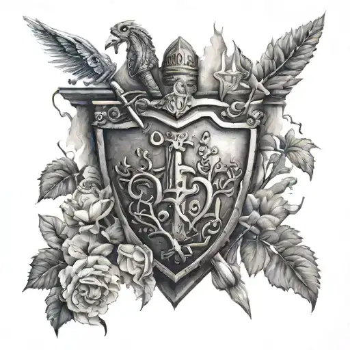 lightning, fire, books, arrows, flowers, shady trees and knights standing with their shields tattoo design idea