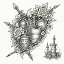 lightning, fire, books, arrows, flowers, shady trees and knights standing with their shields tattoo design idea