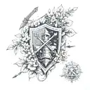 lightning, fire, books, arrows, flowers, shady trees and knights standing with their shields tattoo design idea