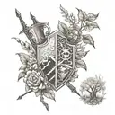 lightning, fire, books, arrows, flowers, shady trees and knights standing with their shields tattoo design idea