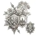 lightning, fire, books, arrows, flowers, shady trees and knights standing with their shields tattoo design idea