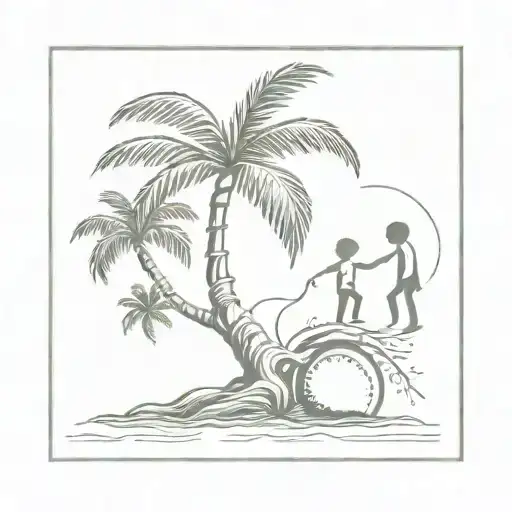 A coconut tree  with some long roots showing 2 children helping each other climb the tree. tattoo design idea