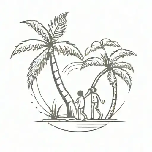 A coconut tree  with some long roots showing 2 children boys helping each other climb the tree. tattoo design idea