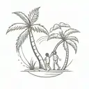 A coconut tree  with some long roots showing 2 children boys helping each other climb the tree. tattoo design idea