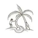 A coconut tree  with some long roots showing 2 children boys helping each other climb the tree. tattoo design idea
