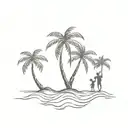 A coconut tree  with some long roots showing 2 children boys helping each other climb the tree. tattoo design idea
