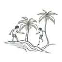 A coconut tree  with some long roots showing 2 children boys helping each other climb the tree. tattoo design idea