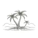 A coconut or palm tree, with some long roots showing 2 brothers helping each other climb the tree. tattoo design idea
