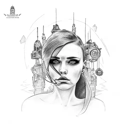 ukrainian woman looking off to the sunset in a destroyed city tattoo design idea