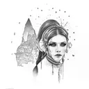 ukrainian woman looking off to the sunset in a destroyed city tattoo design idea