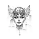 ukrainian woman looking off to the sunset in a destroyed city tattoo design idea