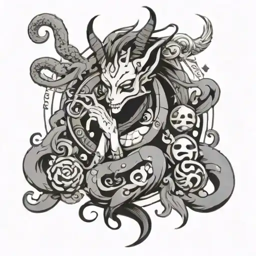 A black-grey tattoo of a mythical creature combining elements of anime characters, animals, and money symbols tattoo design idea