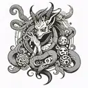 A black-grey tattoo of a mythical creature combining elements of anime characters, animals, and money symbols tattoo design idea