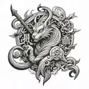 A black-grey tattoo of a mythical creature combining elements of anime characters, animals, and money symbols tattoo design idea