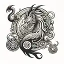 A black-grey tattoo of a mythical creature combining elements of anime characters, animals, and money symbols tattoo design idea