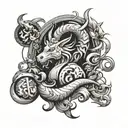 A black-grey tattoo of a mythical creature combining elements of anime characters, animals, and money symbols tattoo design idea