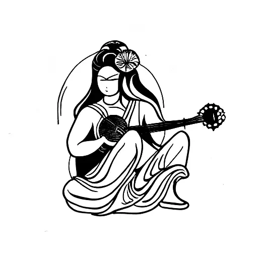 goddess benzaiten playing banjo and a fan in her hand tattoo design idea