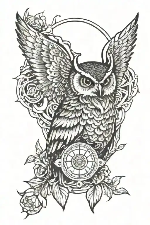 risin sun background and owl in middle on calf tattoo tattoo design idea