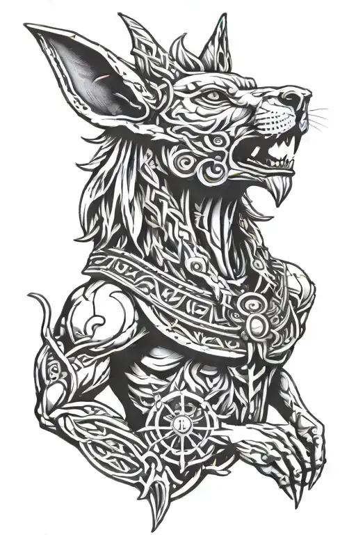 Anubis, lion, time heals all tattoo design idea