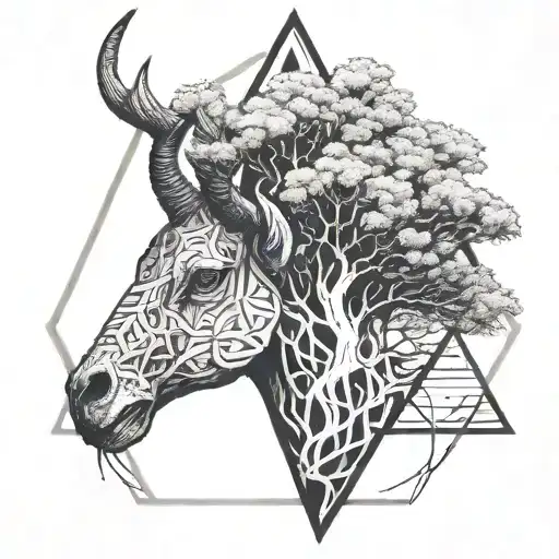 tree in triangle, ram's skull tattoo design idea