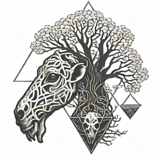 tree in triangle, ram's skull tattoo design idea