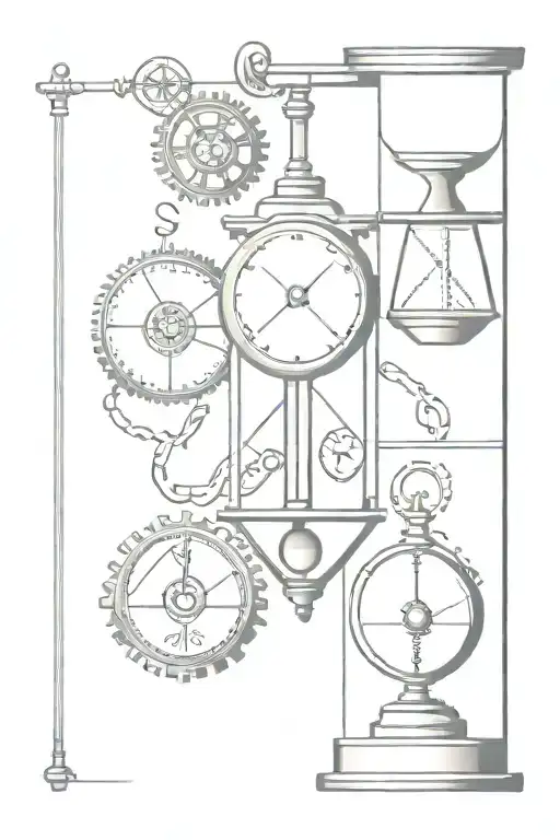 gears, hour glass and balance scale balanced tattoo design idea