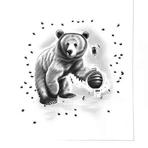 A bear clumsily reaching up towards a bee hive tattoo design idea