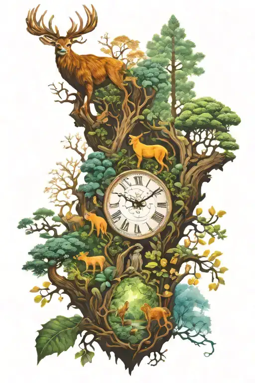 A tattoo of a mystical forest scene with anthropomorphic animals engaging in various management analyst tasks tattoo design idea