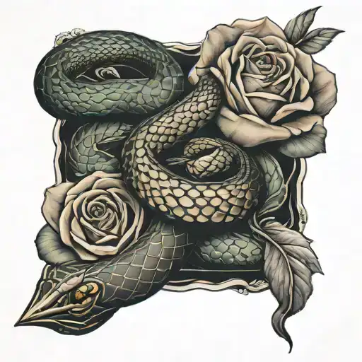 snake wrapped around arrow and rose tattoo design idea