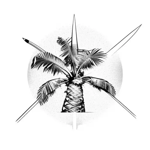 Palm tree with a Katana and a butterfly tattoo design idea
