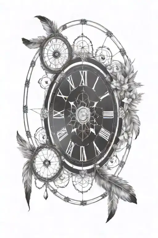 long vertical dream catcher with two feather pendants clock with roman numerals crescent moon phases stars infinity tattoo design idea