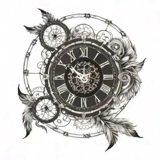 dream catcher vintage clock with a Roman dial moon phases feather infinity gears elongated vertically tattoo design idea