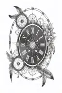 long vertical dream catcher with two feather pendants clock with roman numerals crescent moon phases stars infinity tattoo design idea