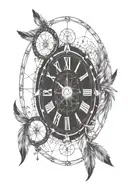 long vertical dream catcher with two feather pendants clock with roman numerals crescent moon phases stars infinity tattoo design idea