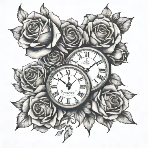 clocks and roses intertwined tattoo design idea