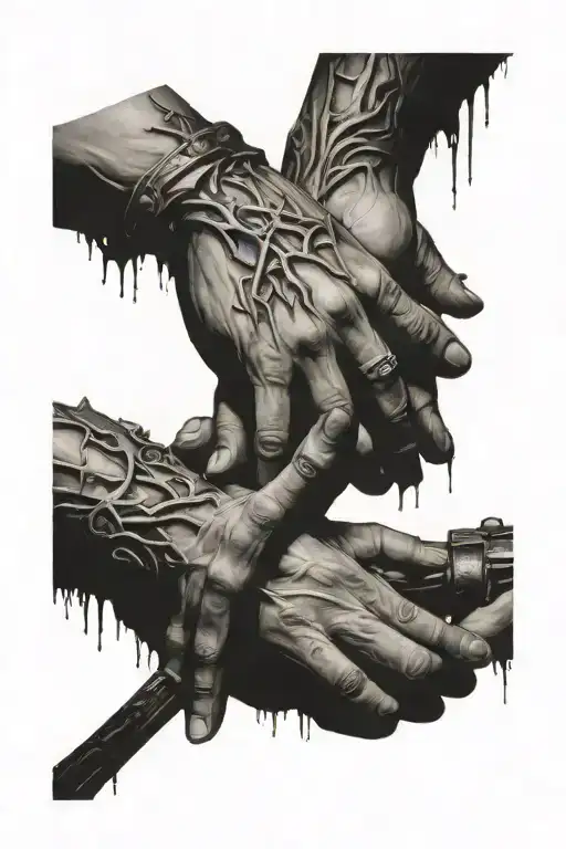 Forearm- Golgotha Tattoo Hands touching fingers above it(the creation) Outer forearm - touching hands holding crown of t tattoo design idea