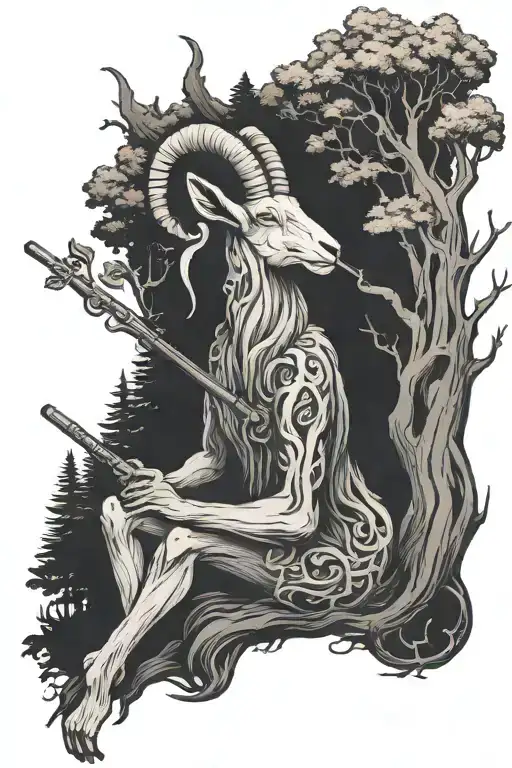 A mythical goat forest creature playing a flute under a majestic forest tree tattoo design idea