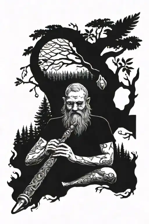 A mythical forest creature playing a flute under a majestic forest tree tattoo design idea