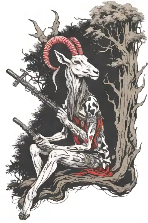 A mythical goat forest creature playing a flute under a majestic forest tree tattoo design idea