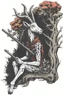 A mythical goat forest creature playing a flute under a majestic forest tree tattoo design idea