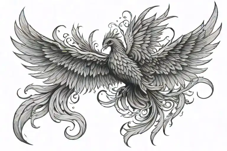 A phoenix rising from the ashes with the phrase incorporated into the flames. The phrase "turn that pain into purpose" tattoo design idea