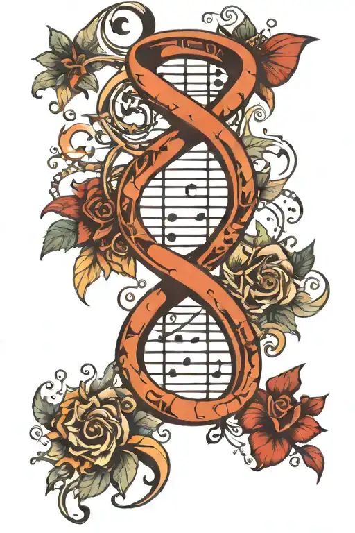DNA with music elements and notes intertwined tattoo design idea