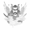 A samurai warrior emerging from a cloud of smoke holding a sword and wearing angelic wings tattoo design idea