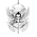 A samurai warrior emerging from a cloud of smoke holding a sword and wearing angelic wings tattoo design idea