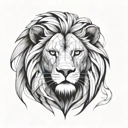 lion face, looking forward, drawing, half geometrical fur accents black and white  tattoo design idea